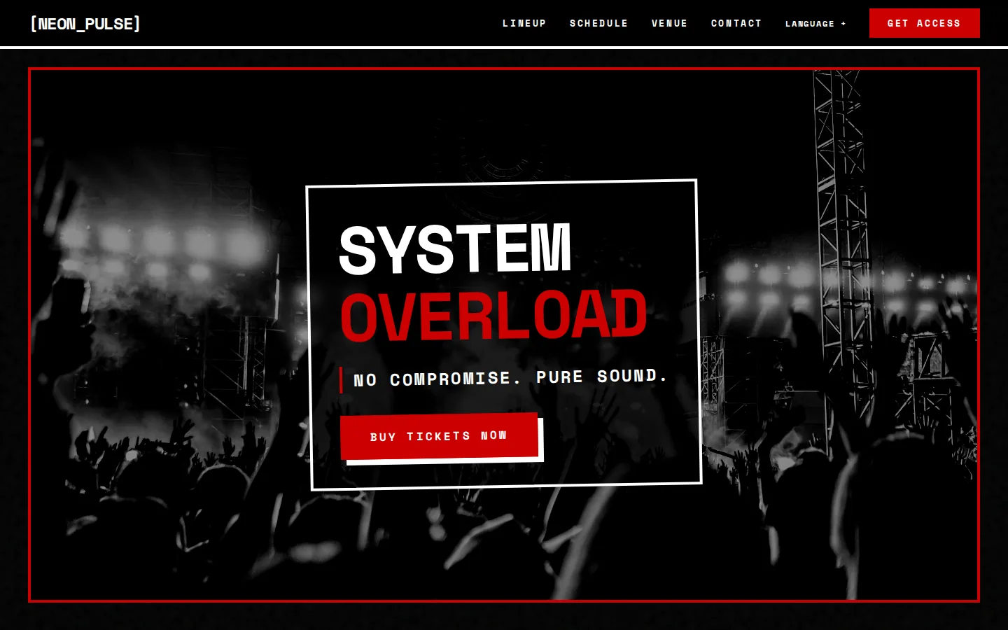 Neon Pulse concert template homepage on desktop