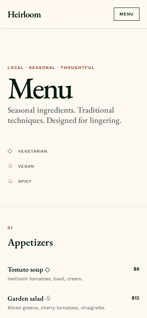 Heirloom restaurant menu template on a phone