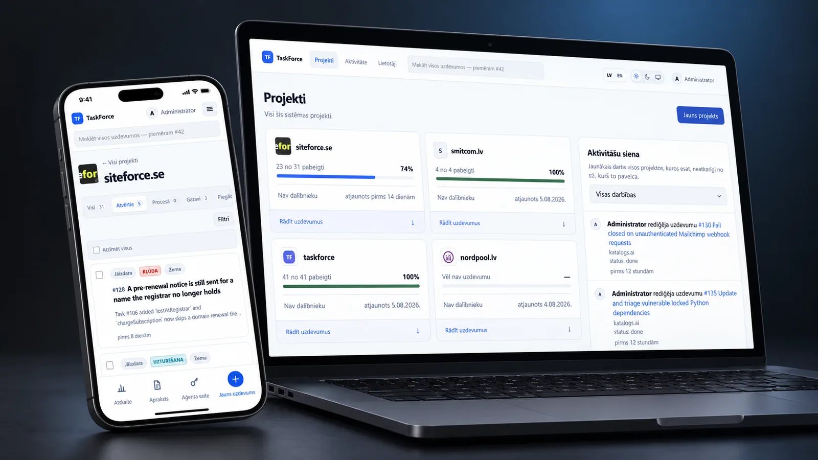 TaskForce projects dashboard on a laptop and a task list on a phone